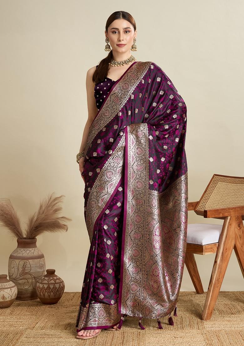 Purple Zari Work Silk Blend Saree Set - Indya