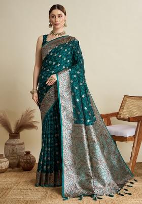 SeaGreen Zari Work Silk Blend Saree Set