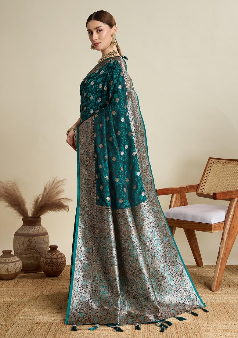 SeaGreen Zari Work Silk Blend Saree Set - Indya