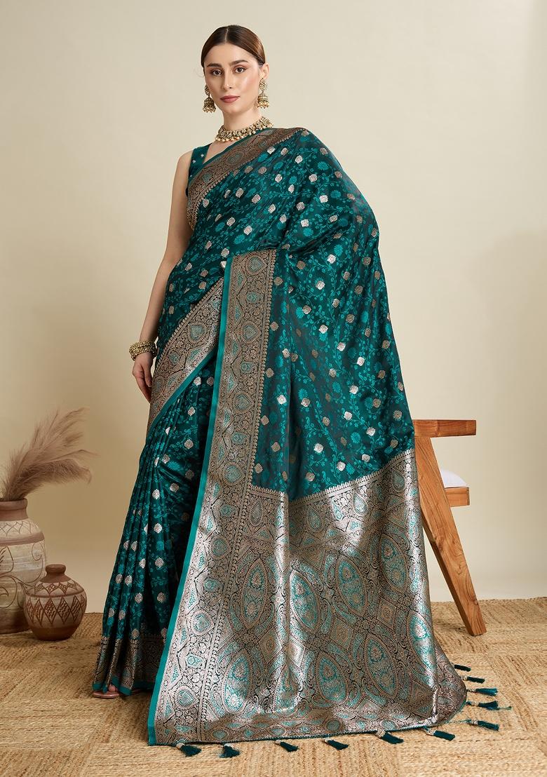 SeaGreen Zari Work Silk Blend Saree Set - Indya