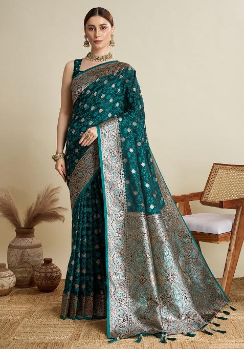 SeaGreen Zari Work Silk Saree Set