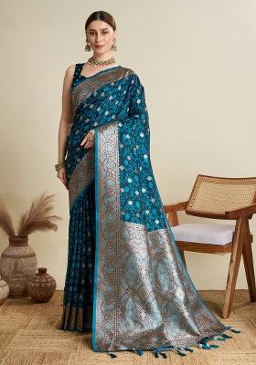 Teal Zari Work Silk Blend Saree Set