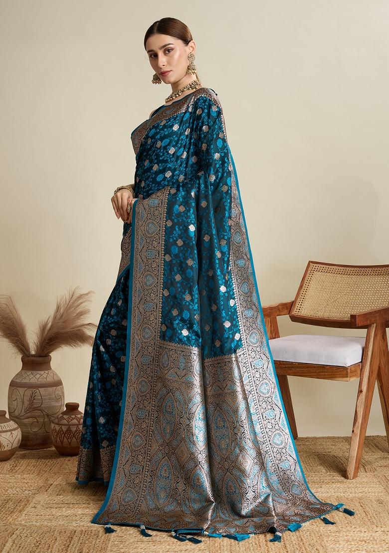 Teal Zari Work Silk Blend Saree Set - Indya