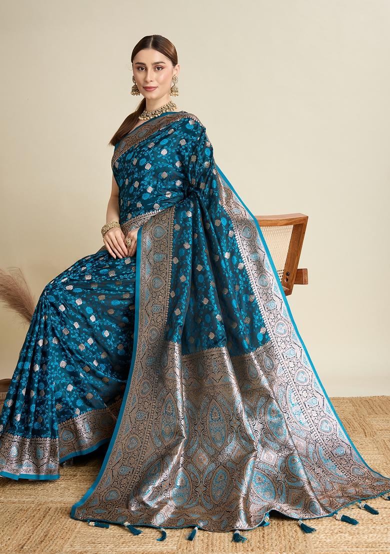 Teal Zari Work Silk Blend Saree Set - Indya