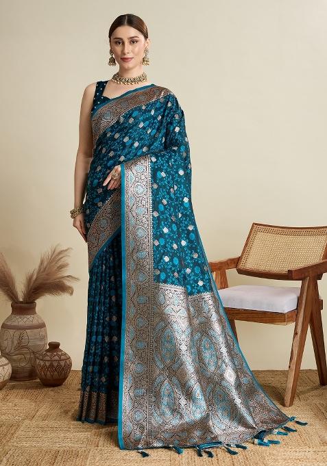 Teal Zari Work Silk Blend Saree Set