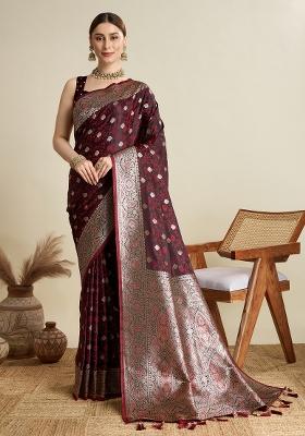 Wine Zari Work Silk Blend Saree Set