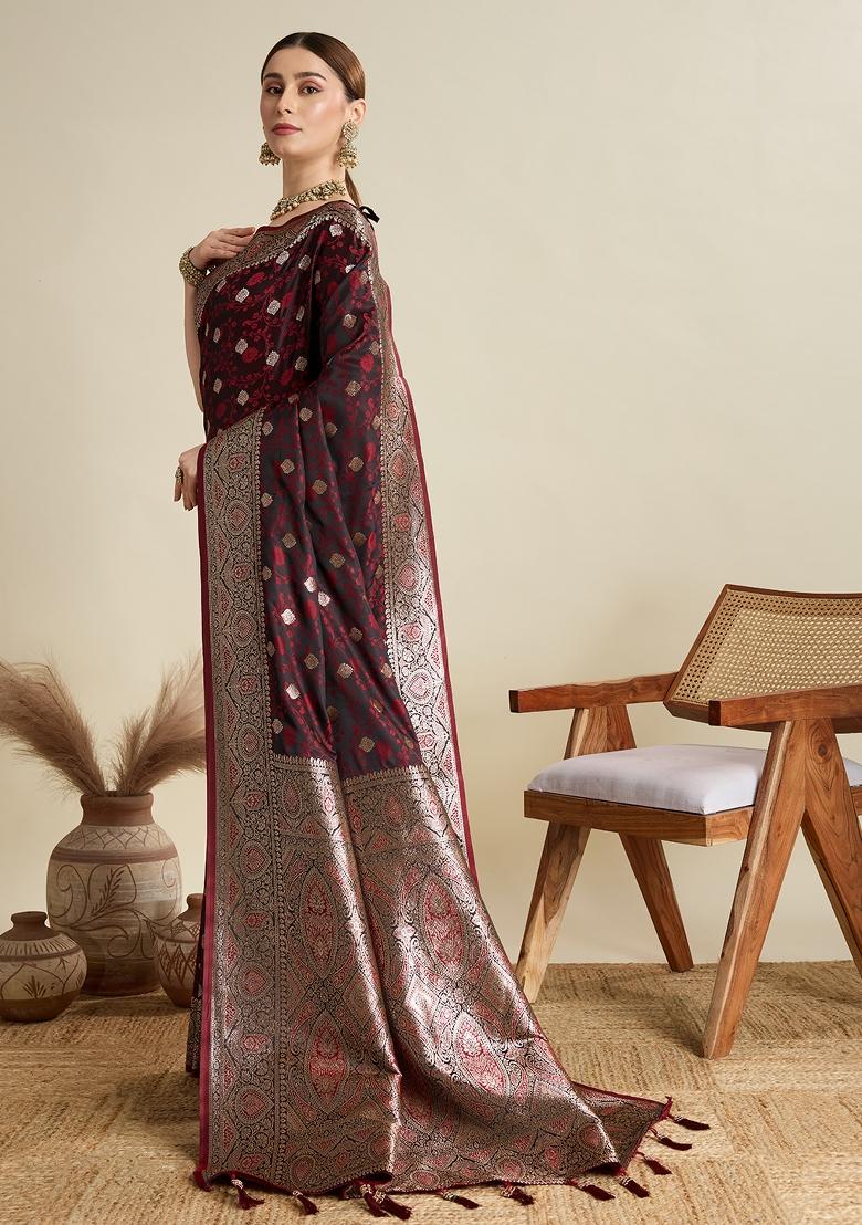 Wine Zari Work Silk Blend Saree Set - Indya