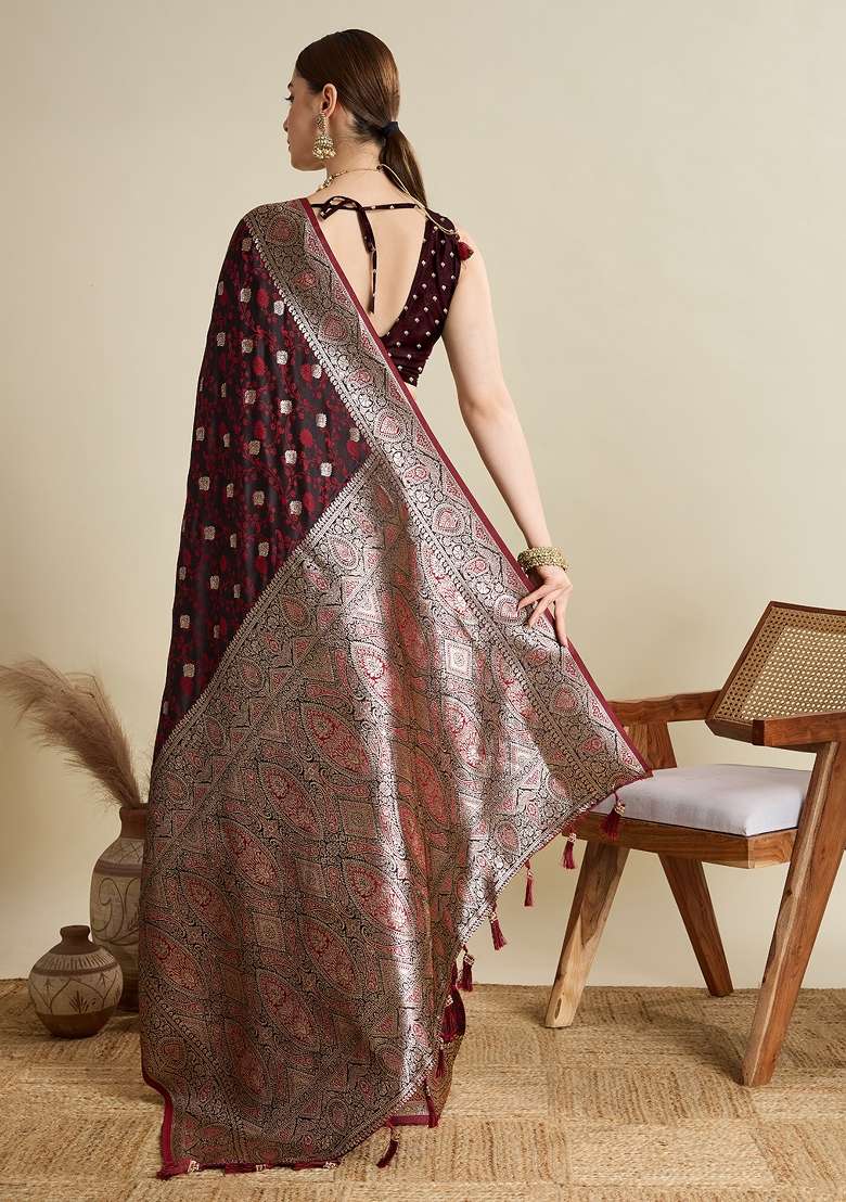 Wine Zari Work Silk Blend Saree Set for Diwali and Festive Wear - Indya
