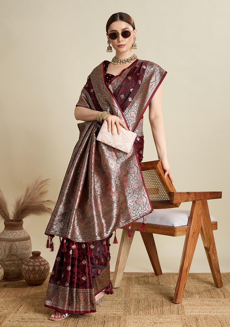 Wine Zari Work Silk Blend Saree Set - Indya