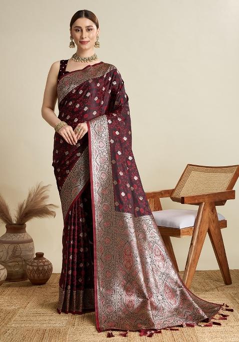 Wine Zari Work Silk Blend Saree Set