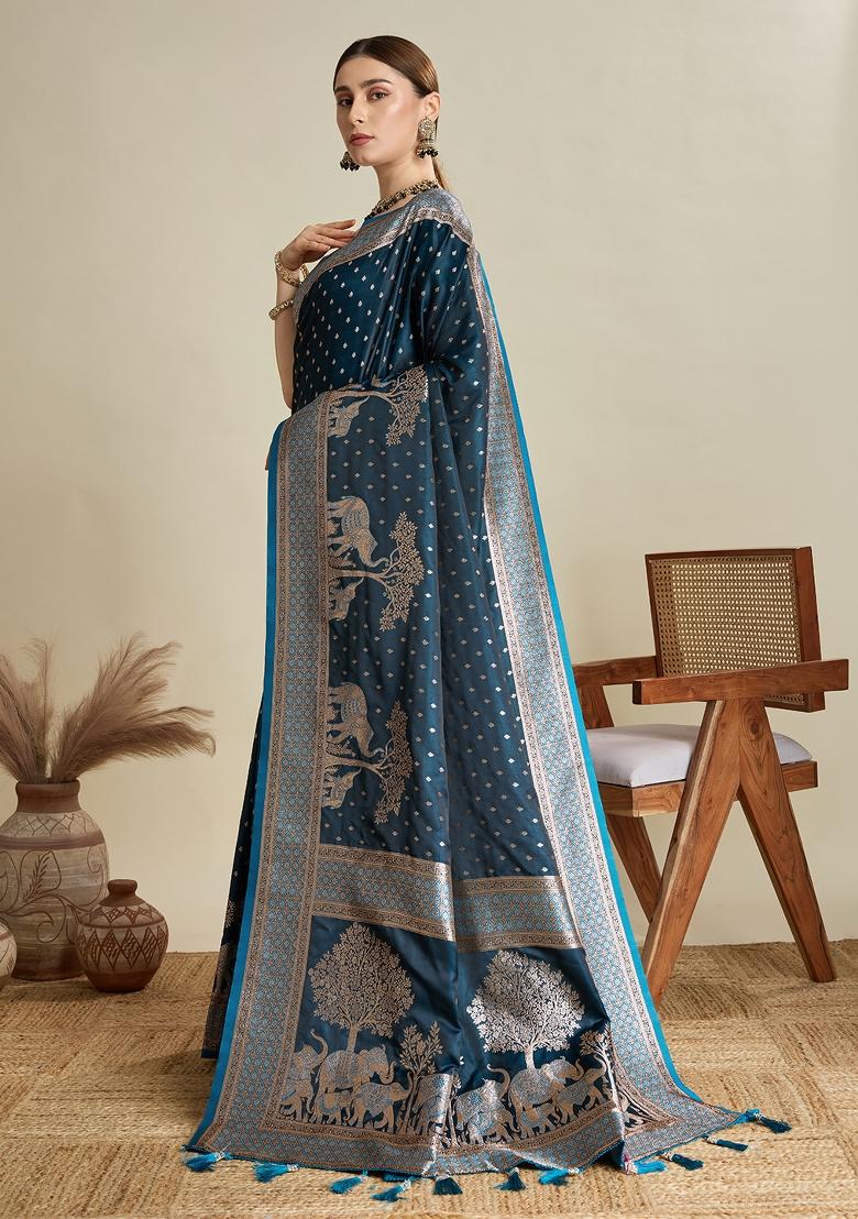 Blue Zari Work Silk Blend Saree Set - Indya