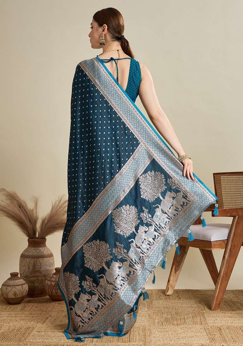 Blue Silk Blend Saree Set with Zari Work for Diwali | Wedding & Festive Wear - Indya
