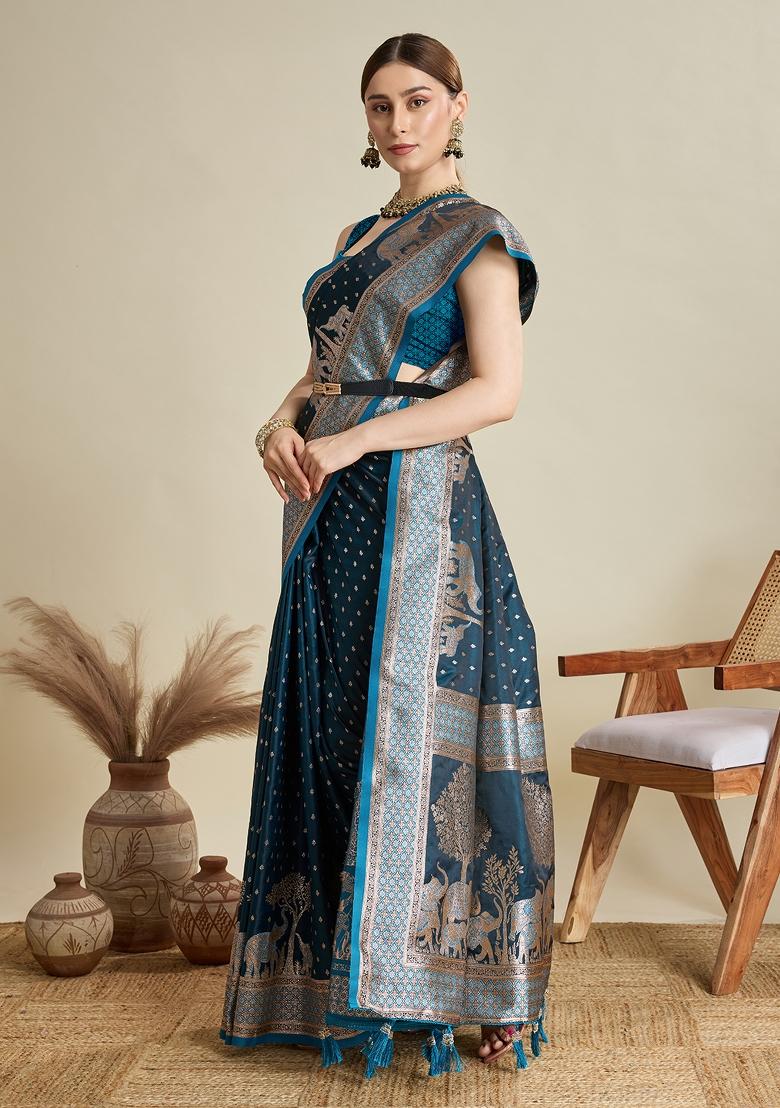 Blue Zari Work Silk Blend Saree Set - Indya