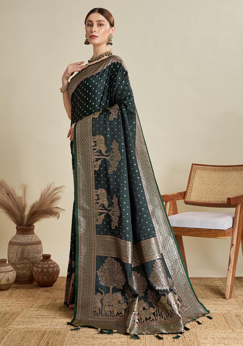 Green Zari Work Silk Blend Saree Set - Indya