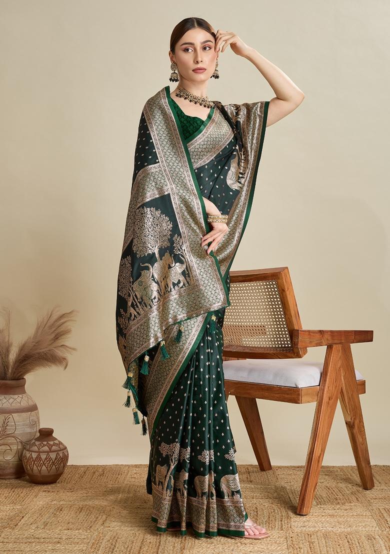 Green Zari Work Silk Blend Saree Set - Indya
