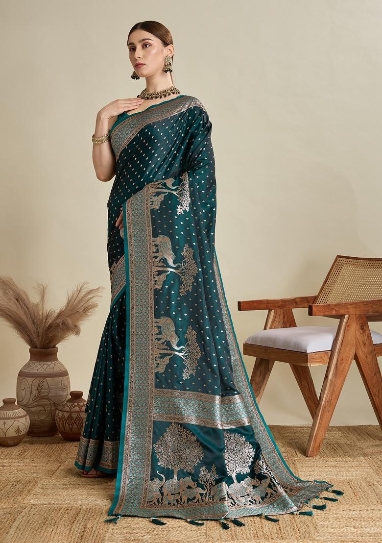 SeaGreen Zari Work Silk Blend Saree Set - Indya