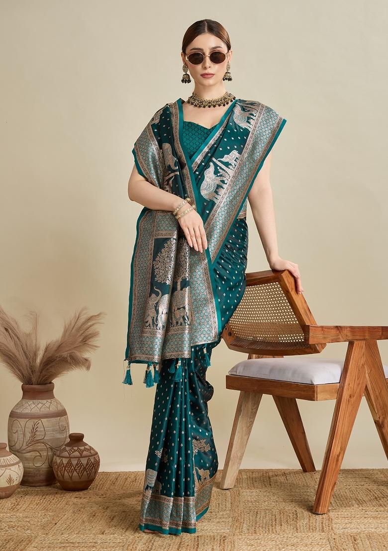 SeaGreen Zari Work Silk Blend Saree Set - Indya
