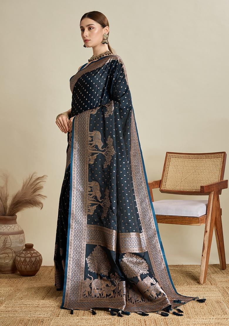 Teal Zari Work Silk Blend Saree Set - Indya