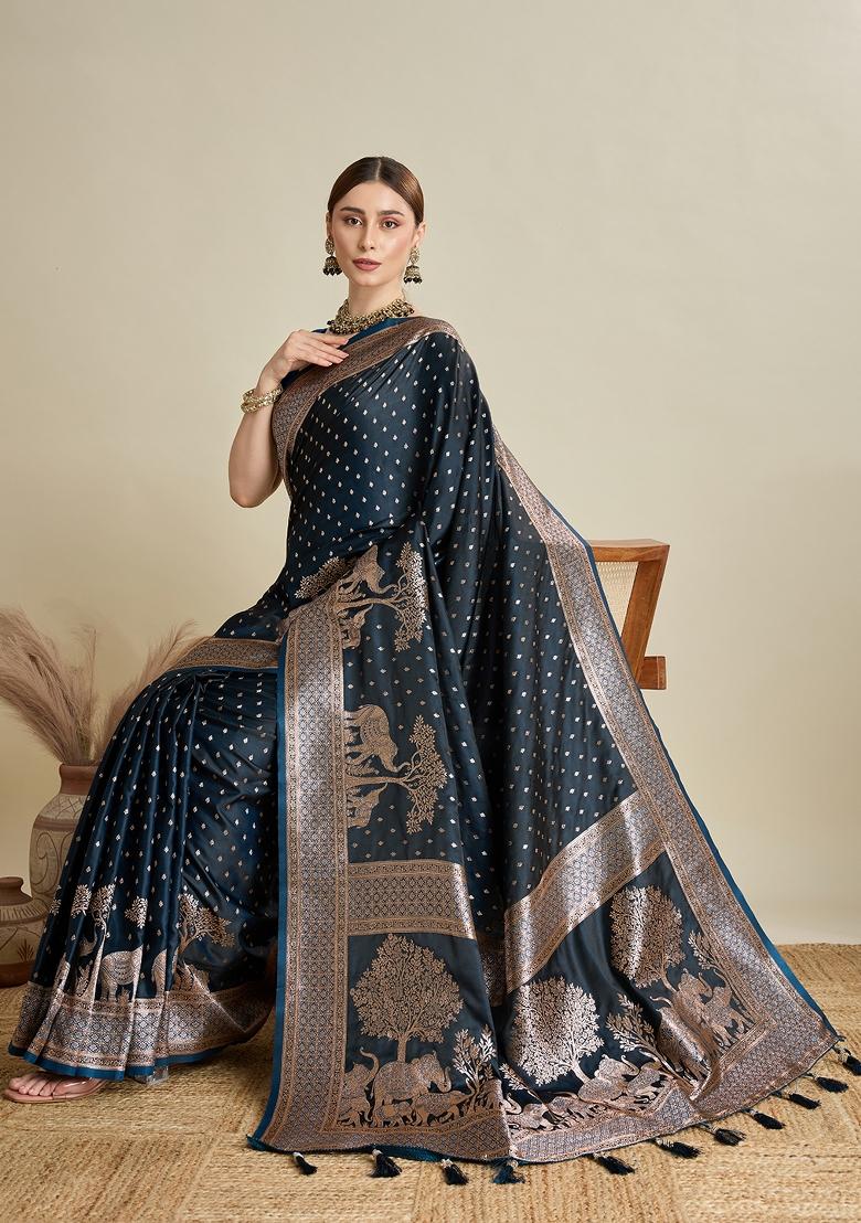 Teal Zari Work Silk Blend Saree Set - Indya
