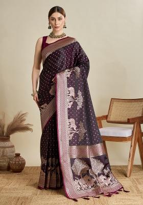 Wine Zari Work Silk Blend Saree Set