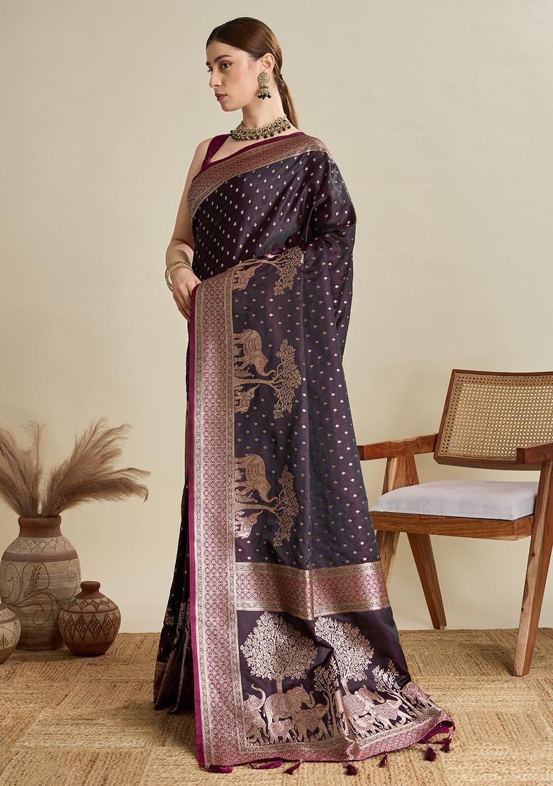 Wine Zari Work Silk Blend Saree Set - Indya