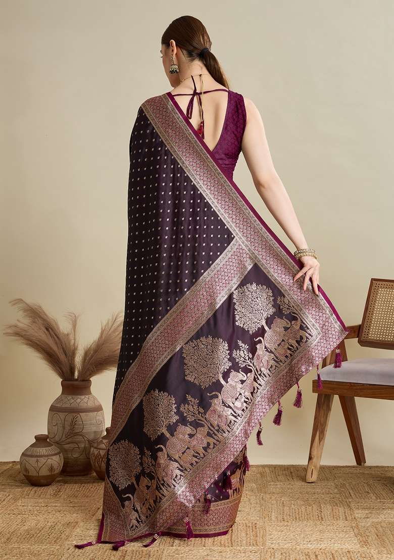 Wine Zari Work Silk Blend Saree Set for Diwali and Festive Wear - Indya