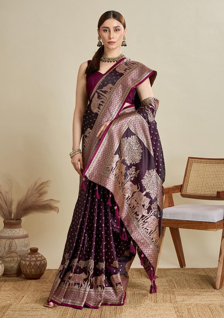 Wine Zari Work Silk Blend Saree Set - Indya
