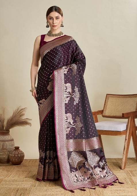 Wine Zari Work Silk Blend Saree Set