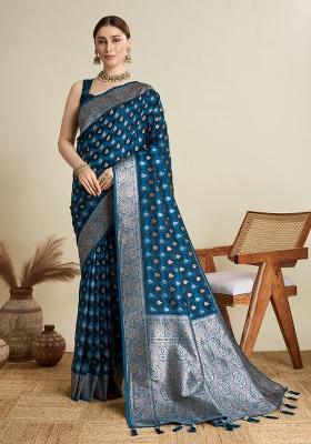Blue Zari Work Silk Blend Saree Set