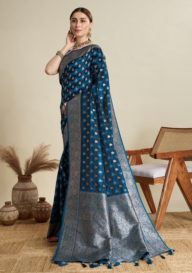 Blue Zari Work Silk Blend Saree Set - Indya