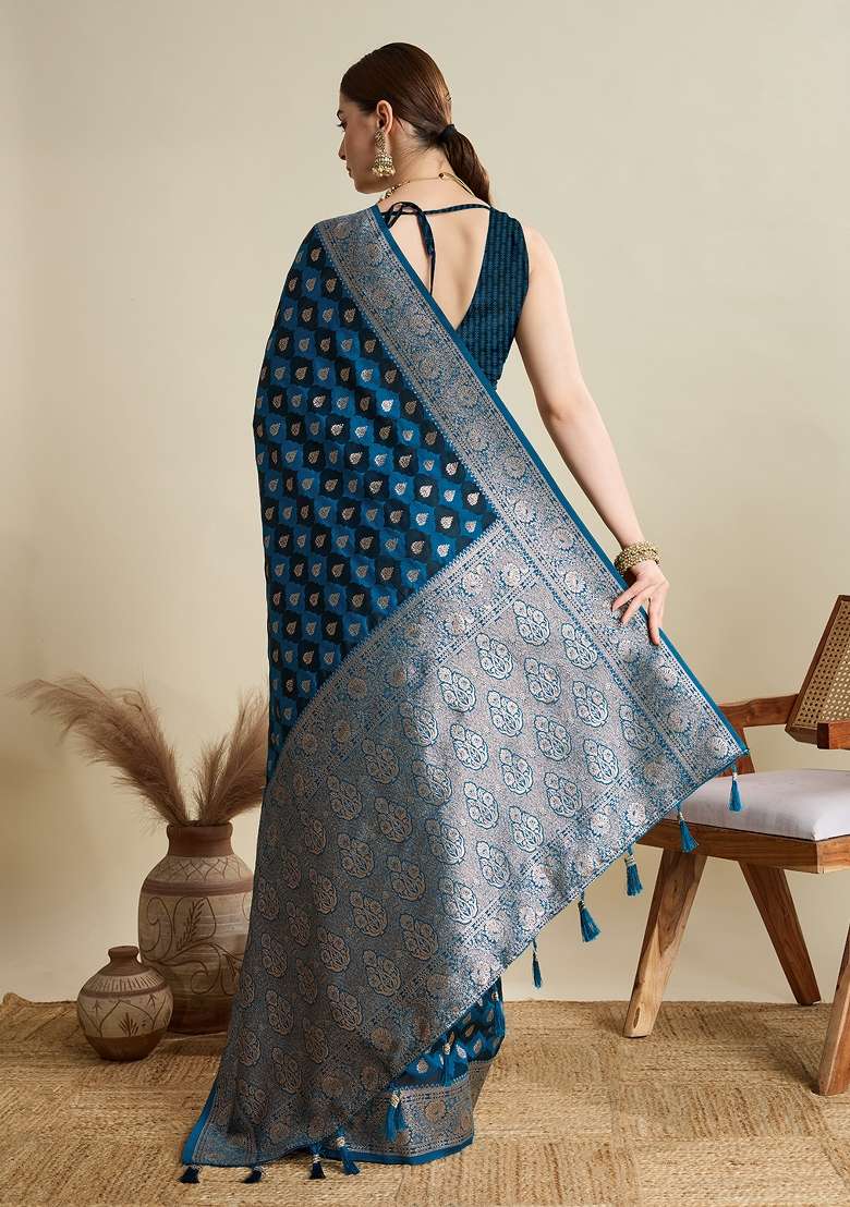 Blue Silk Blend Saree Set with Zari Work for Diwali | Wedding & Festive Wear - Indya