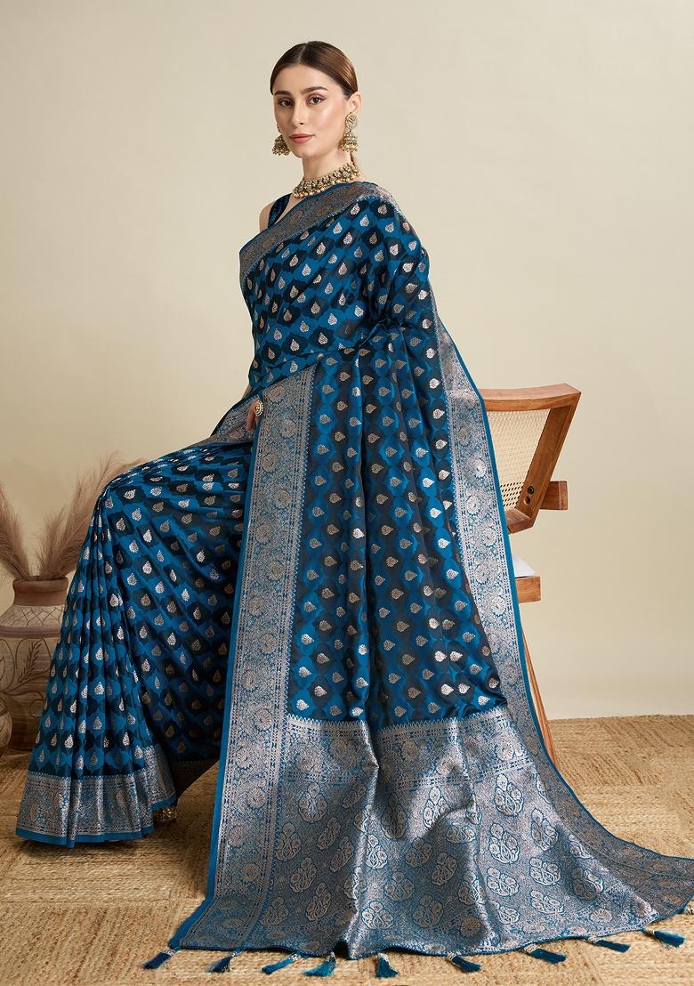 Blue Zari Work Silk Blend Saree Set - Indya
