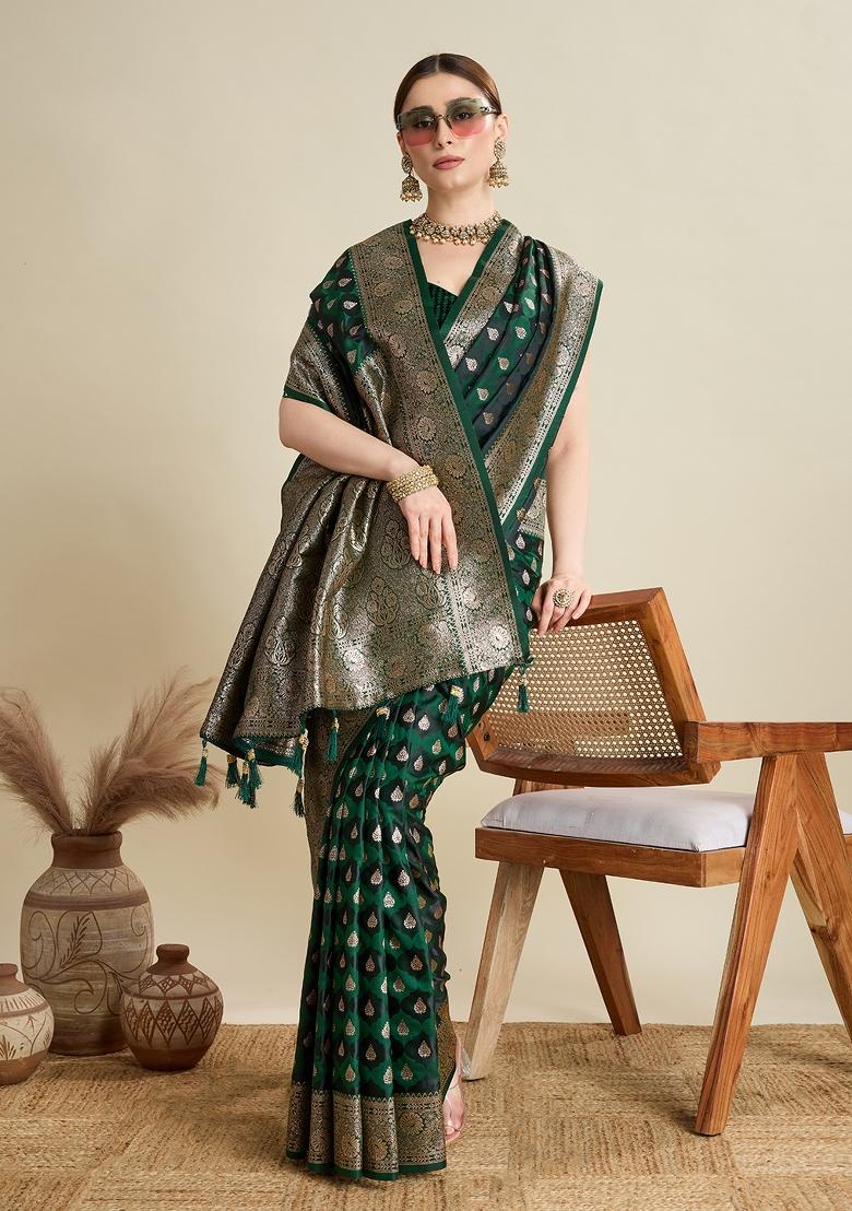 Green Zari Work Silk Blend Saree Set - Indya