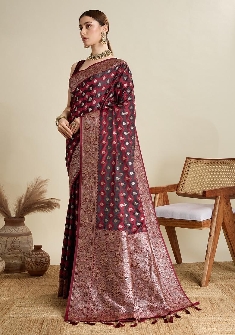 Maroon Zari Work Silk Blend Saree Set - Indya