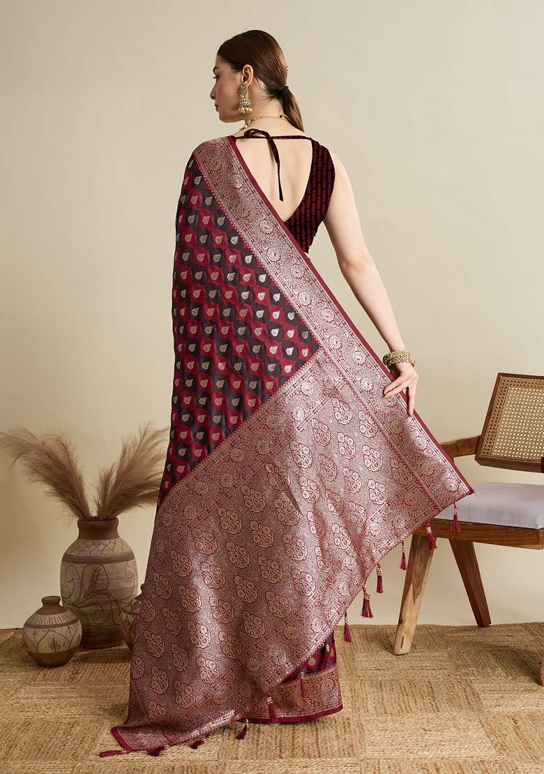 Maroon Silk Blend Saree Set with Zari Work for Diwali | Wedding & Festive Wear - Indya