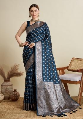 NavyBlue Zari Work Silk Blend Saree Set