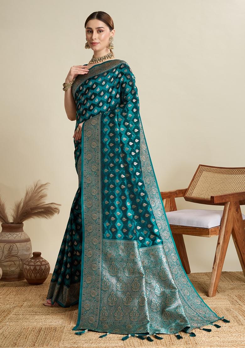 Teal Zari Work Silk Blend Saree Set - Indya