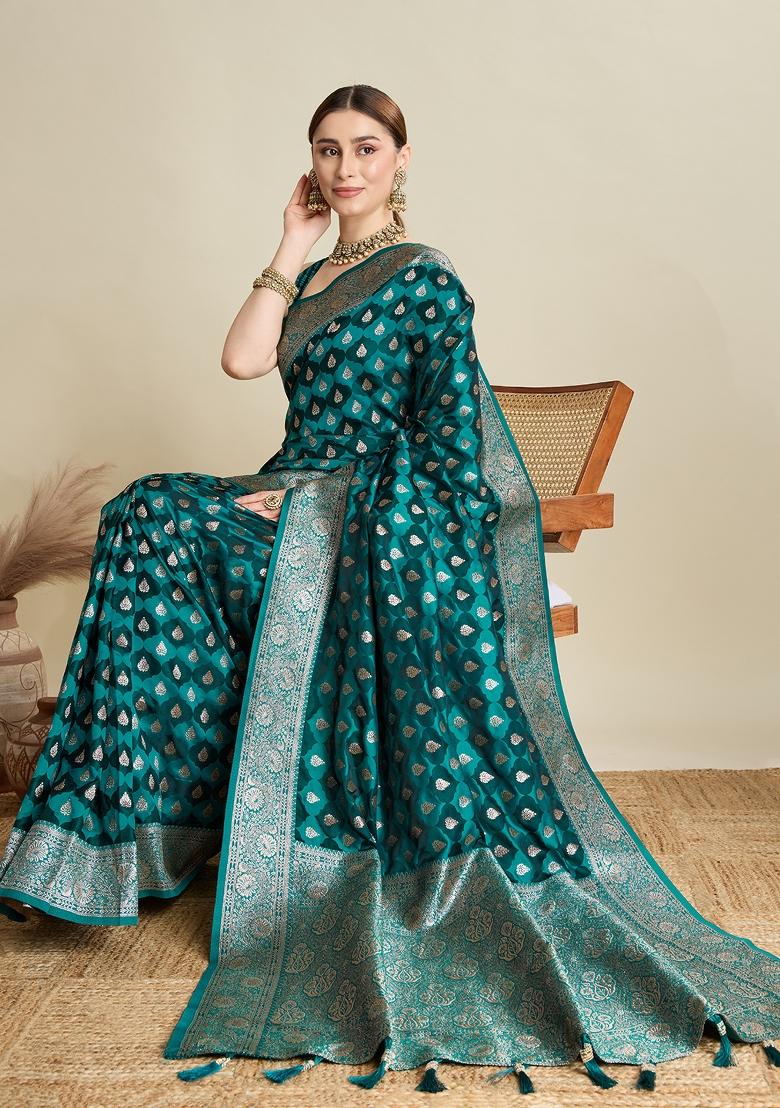 Teal Zari Work Silk Blend Saree Set - Indya