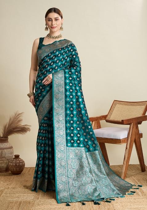 Teal Zari Work Silk Blend Saree Set