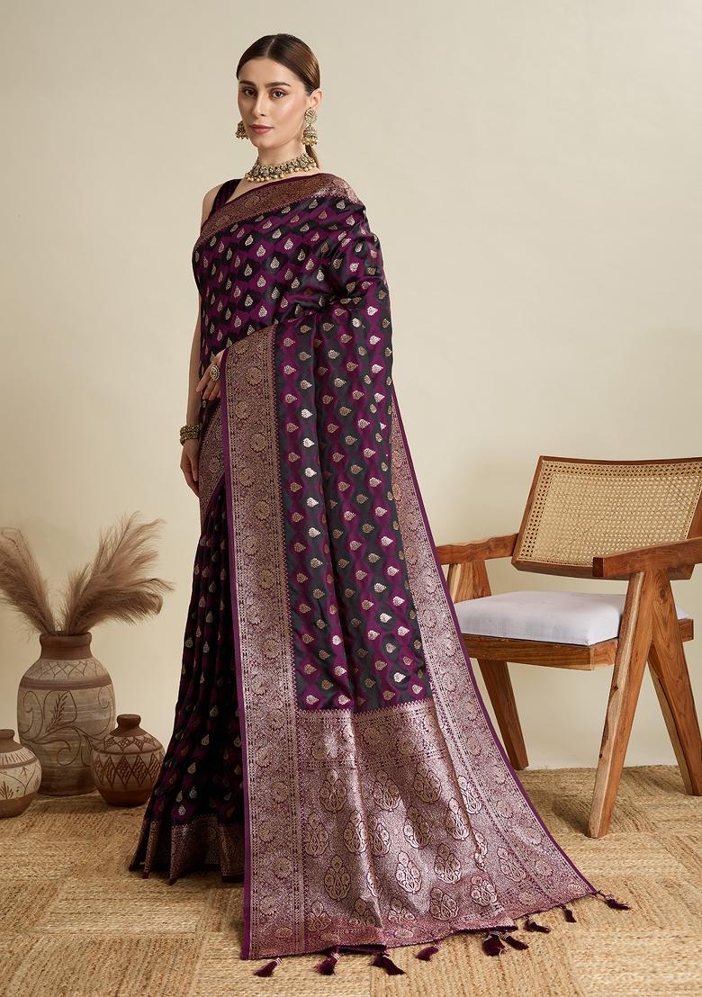 Wine Zari Work Silk Blend Saree Set - Indya
