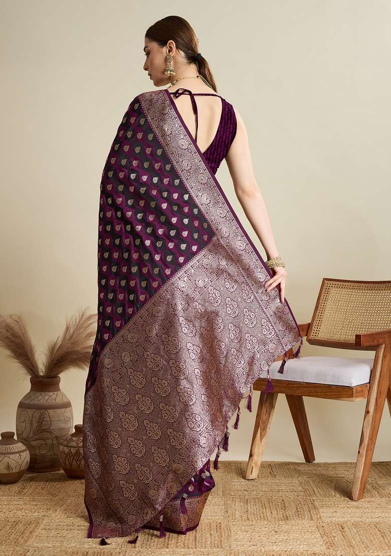 Wine Zari Work Silk Blend Saree Set for Diwali and Festive Wear - Indya