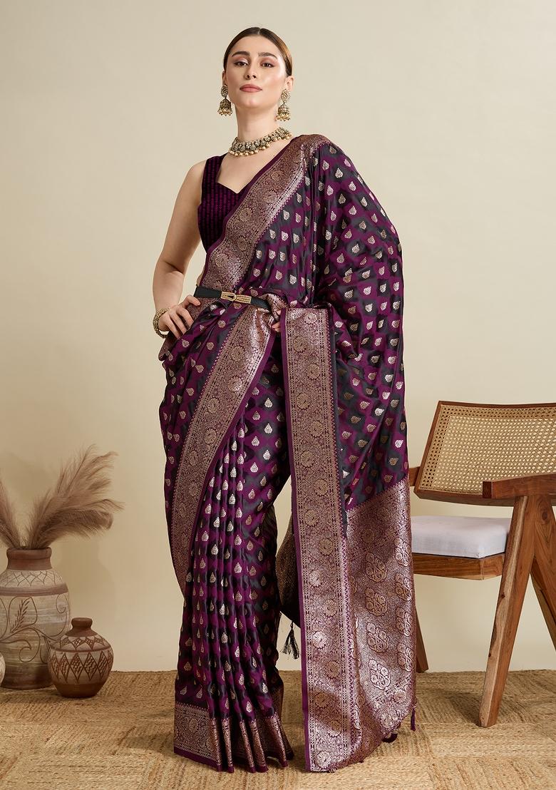 Wine Zari Work Silk Blend Saree Set - Indya
