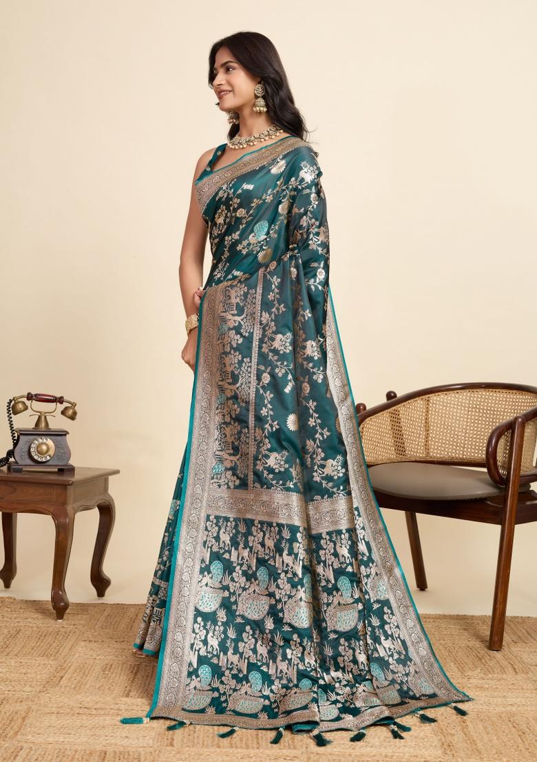 Green Zari Work Silk Blend Saree Set - Indya