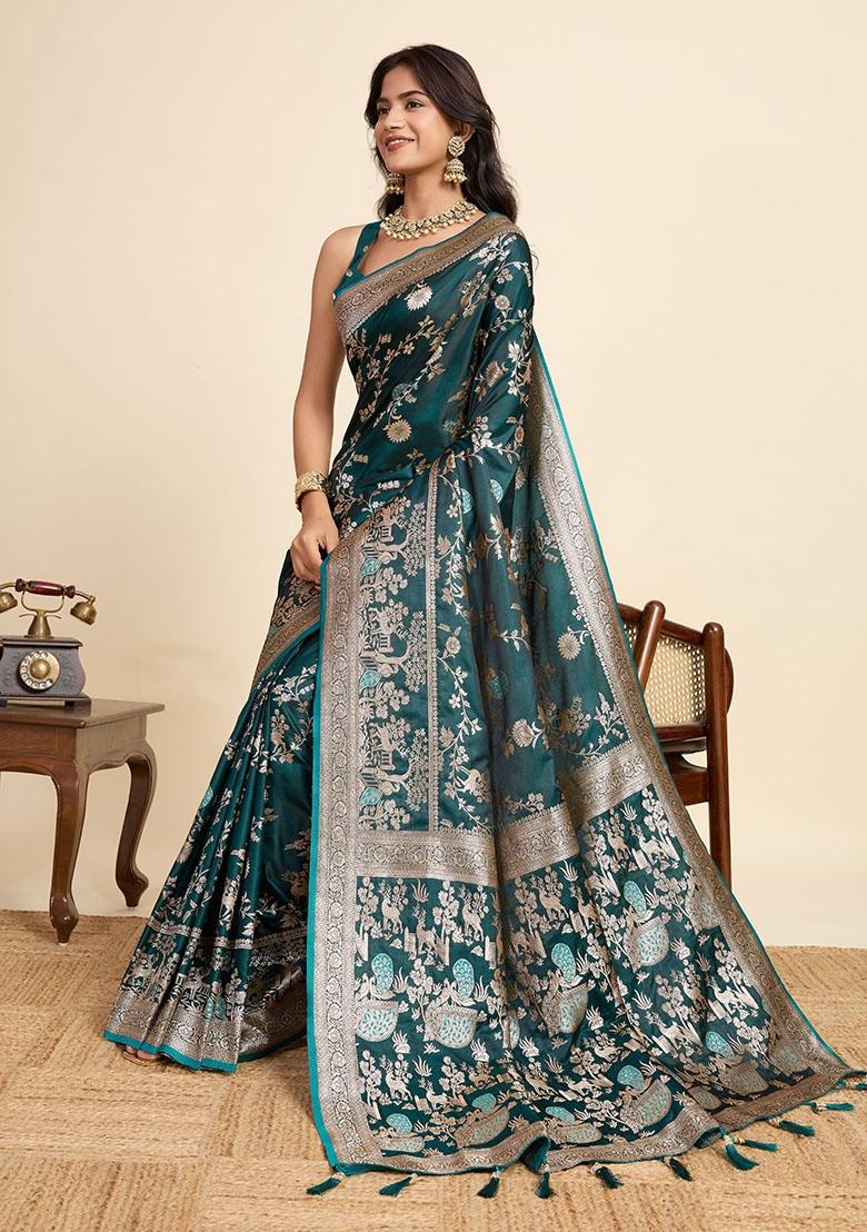 Green Zari Work Silk Blend Saree Set - Indya