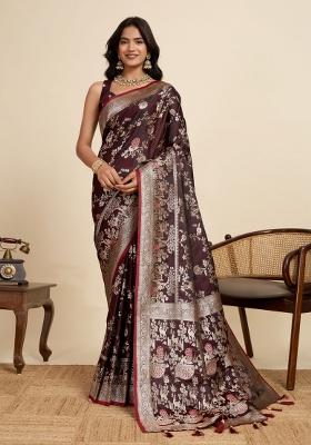 Maroon Zari Work Silk Blend Saree Set