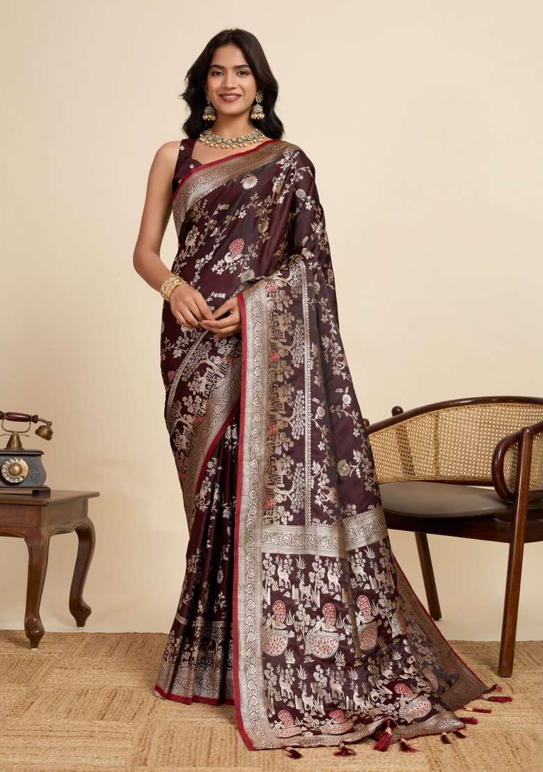 Maroon Zari Work Silk Blend Saree Set for Diwali and Festive Wear - Indya