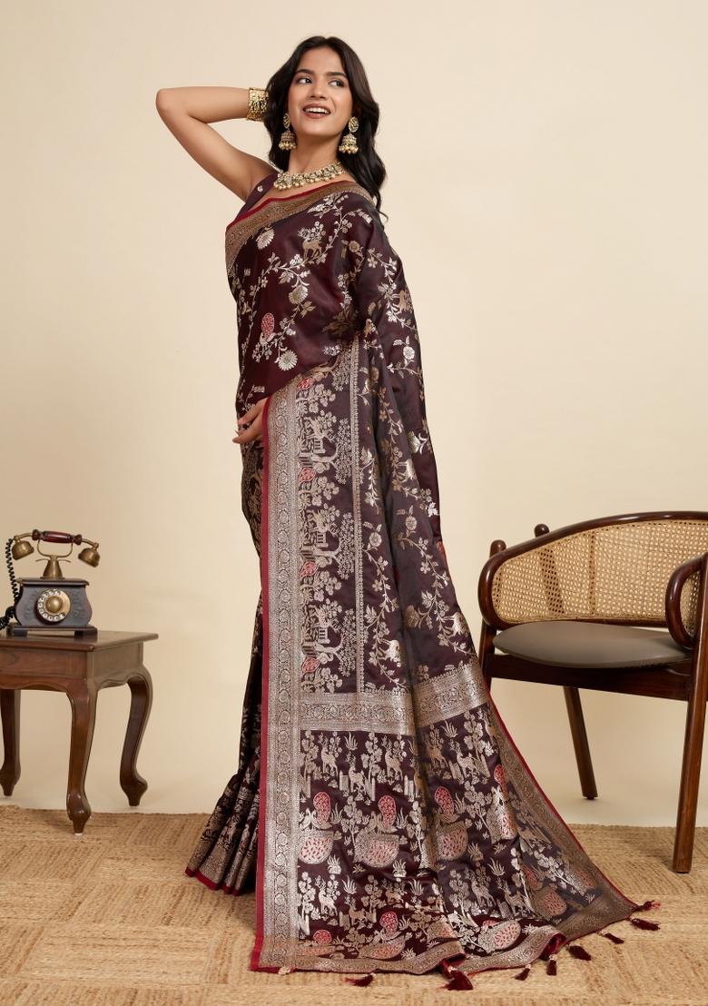 Maroon Zari Work Silk Blend Saree Set - Indya
