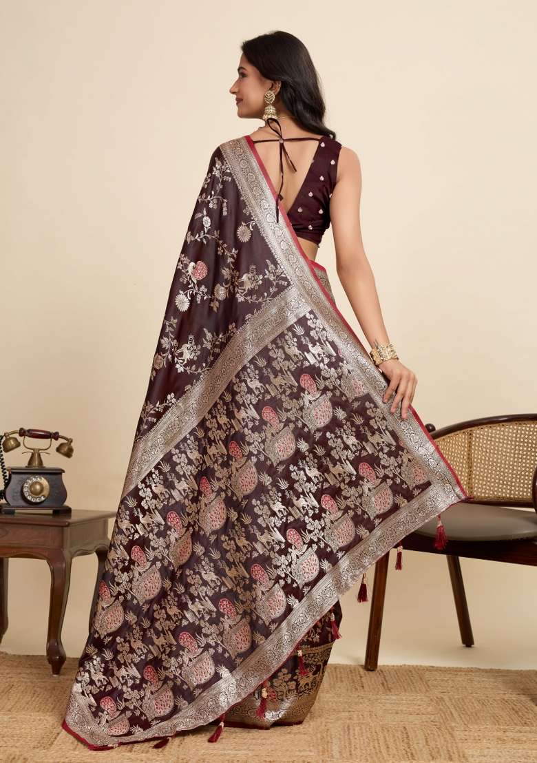 Maroon Zari Work Silk Blend Saree Set for Diwali and Festive Wear - Indya