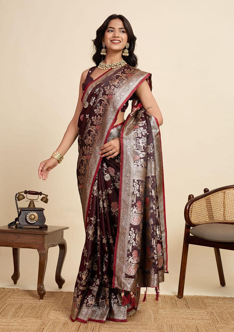 Maroon Zari Work Silk Blend Saree Set - Indya