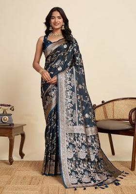 Blue Zari Work Silk Blend Saree Set